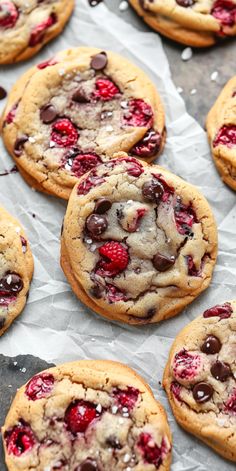 chocolate chip cookies with raspberries and other toppings