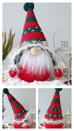 a red and green knitted gnome sitting on top of snow