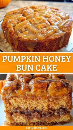 pumpkin honey bun cake on a plate with the words, pumpkin honey bun cake above it