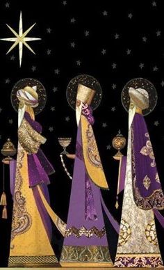 three women dressed in purple and gold standing next to each other with a star above them