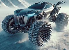 a futuristic car driving through the snow with mountains in the background and clouds behind it