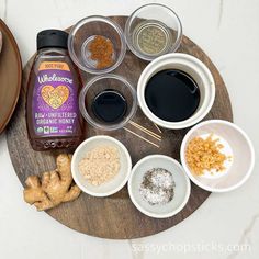 an assortment of ingredients on a wooden tray