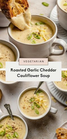 Indulge in a velvety roasted cauliflower soup that's bursting with flavor, thanks to an entire head of roasted garlic. This simple recipe skips the cream and flour, relying instead on pureed cauliflower and rich, melted cheddar cheese for a comforting bowl of goodness. Pair it with croutons or a slice of toasted sourdough for a cozy meal that's perfect for lunch or dinner. Easy Cauliflower Soup, Roasted Cauliflower Soup, Cauliflower Soup Recipes, Ambitious Kitchen, Cauliflower Soup, Soup Season, Easy Soups, Minestrone, Easy Soup Recipes