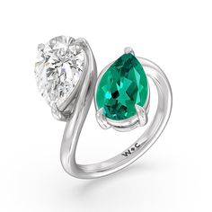 Pick this ring if you're searching for a modern minimalist engagement ring that tells a story and tells it in a simply romantic way. This toi et moi or you-and-me ring perfectly depicts the meeting of two souls. It features a slim yet curvy bypass shank, with each end topped with a pear-cut created Emerald and diamond on a three-prong basket setting. Bypass Engagement Ring, Two Souls, Minimalist Engagement Ring, Basket Setting, Gorgeous Engagement Ring, Now And Forever, Emerald Gemstone, Jewelry Inspo, Love Symbols