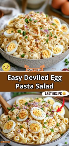 an easy deviled egg pasta salad recipe with eggs in the middle and on top