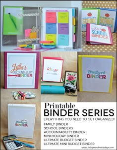 a collage of binders and papers with the text printable binder series