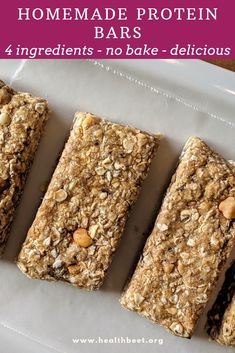 homemade protein bars on a plate with text overlay