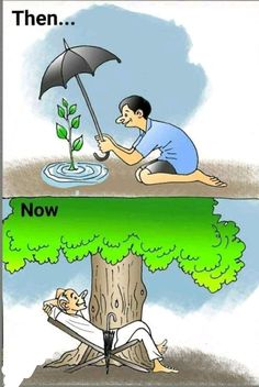 two cartoon images with one man holding an umbrella and the other is trying to plant a tree