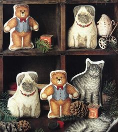 three teddy bears and two cats are on shelves with pine cones, fir needles, and other decorations