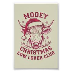 a cow wearing a santa hat with the words mooey christmas cow lover club