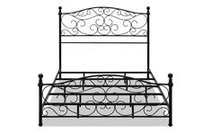 a metal bed frame with intricate designs on the headboard and foot board, isolated against a white background