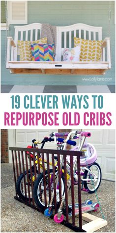 a porch swing with two bikes on it and the words 19 clever ways to repurpose old cribs