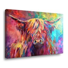 a colorful painting of a bull with horns