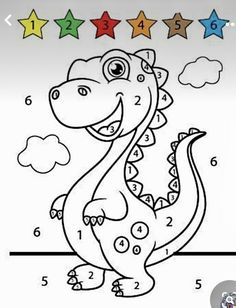 a coloring book for children with an image of a dinosaur and five stars in the background