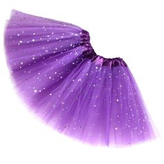 a purple tutu skirt with silver glitters on the top and bottom, in front of a white background