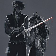 two people standing next to each other holding swords