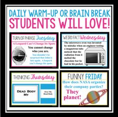 a poster with the words daily warm - up brain break students will love