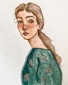 a drawing of a woman with freckles on her face and hair in a ponytail