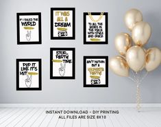 a bunch of gold balloons are in front of a wall with black and white posters