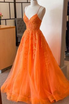 A Line V Neck Orange Lace Long Prom Dress Orange V-neck Dress For Prom, Orange Floor-length Dress With Fitted Bodice, Orange Floor-length Prom Dress, Orange Wedding Dress With Fitted Bodice, Orange Wedding Dress With Sweetheart Neckline, Sleeveless Orange Evening Dress For Wedding, Fitted Orange Floor-length Dress, Orange Fitted Floor-length Dress, Orange Evening Dress