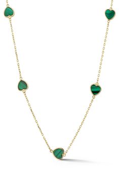 Malachite inlay brings vibrant shimmer to the heart-shaped stations of a dainty necklace crafted from polished 14-karat gold. 18" length 14k gold/malachite Made in Turkey Jewelry Set Gold, Malachite Necklace, Malachite Jewelry, Necklace Craft, Station Necklace, Anniversary Sale, Dainty Necklace, Jewelry Set, Womens Jewelry Necklace