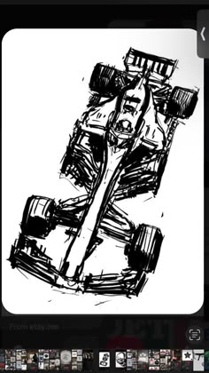 a black and white drawing of a race car with the driver sitting in the front