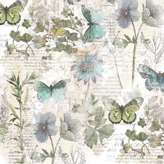 butterflies and flowers on an old book page with watercolor paint effect in the background