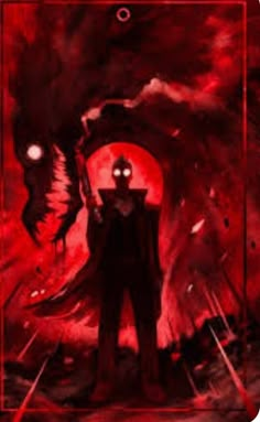 a man standing in front of a red background with an image of a demon on it