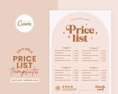 a price list for a restaurant on a pink background with gold foil lettering and an orange circle