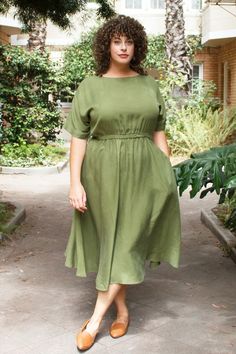 Pluse Size Dress, Modest Midi Dress, Tencel Dress, Dress With Elastic Waist, Muslin Dress, Drop Sleeve, Look Plus Size, Casual Outfit Inspiration, Plus Size Fits