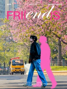 a man walking across a street next to a pink tree