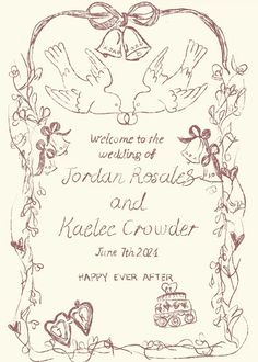 a wedding card with two doves and hearts in the frame, on white paper