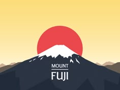 a mountain with the word fuji on it and an orange sun in the sky above