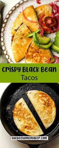 crispy black bean tacos in a cast iron skillet and on a plate