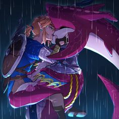 a woman hugging a giant purple dragon under a rain storm with her arm wrapped around her neck