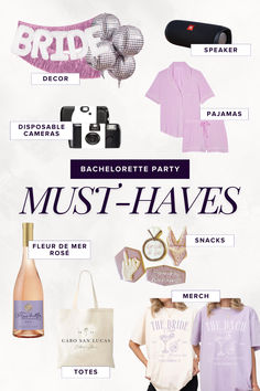 an advertisement for bachelor party must - haves, including t - shirts and totes