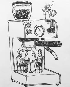 a drawing of people sitting at a table in front of an espresso machine