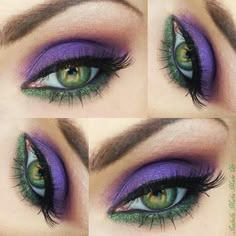 Purple and green Purple Eye Color, Trendy Nails Green, Make Up Yeux, Purple Products, Purple Eyeshadow Looks, Green Eyeshadow Look, Eyeshadow For Green Eyes, Scene Makeup, Cute Eyeshadow Looks