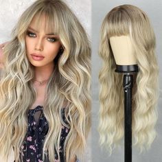 PRICES MAY VARY. 【High-Quality Material】This long blonde wig with bangs is made of the high-quality synthetic heat-resistant fibers, soft and smooth. The skin-friendly feature makes you feel very comfortable wearing it. The simulated scalp wig is vivid, making the hair crack more realistic and natural.The hairline is made hand-tied, which makes the hair look more real. Easy to comb and not easily tangle and hair loss. 【Unique Style & Benefits】The magic of this ombre blonde curly wigs is that bar Blonde Wig With Bangs, Blonde Curly Wig, Long Blonde Wig, Blonde Bangs, Ombre Wig, Blonde Wigs, Ombre Blonde, Wig Stand, Hair Net