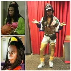 four different pictures of people with dreadlocks and basketball shoes on, one man in costume holding a basketball