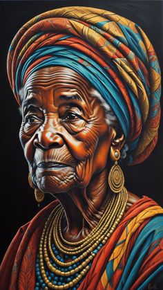 a painting of an old woman wearing a colorful headdress