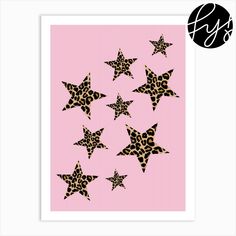 a pink background with black stars and leopard print on the bottom, in different sizes