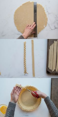 the process of making pie crusts is shown with hands and fingers working on it