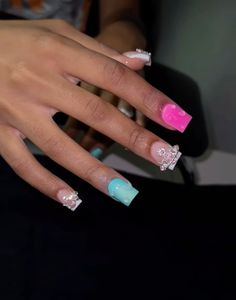 Blue And Pink Nails, Pink And Blue Nails, Acrylic Nails Almond Shape, Gel Acrylic Nails, Blue Acrylic Nails