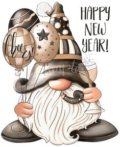 an image of a cartoon character with balloons and stars on his head, saying happy new year