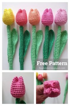 crocheted tulips are shown in three different colors and the same size