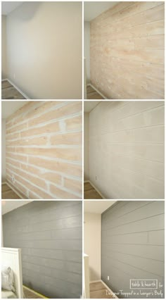 four different pictures of the same wall in an empty room with white paint and wood paneling