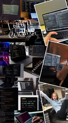 a collage of photos with laptops and other electronic devices in them, including the words i can't tell so