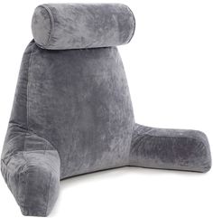 the grey reclining chair is made out of fabric and has a pillow on it