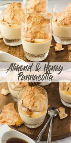 three different views of desserts in small glass dishes on a wooden tray with spoons